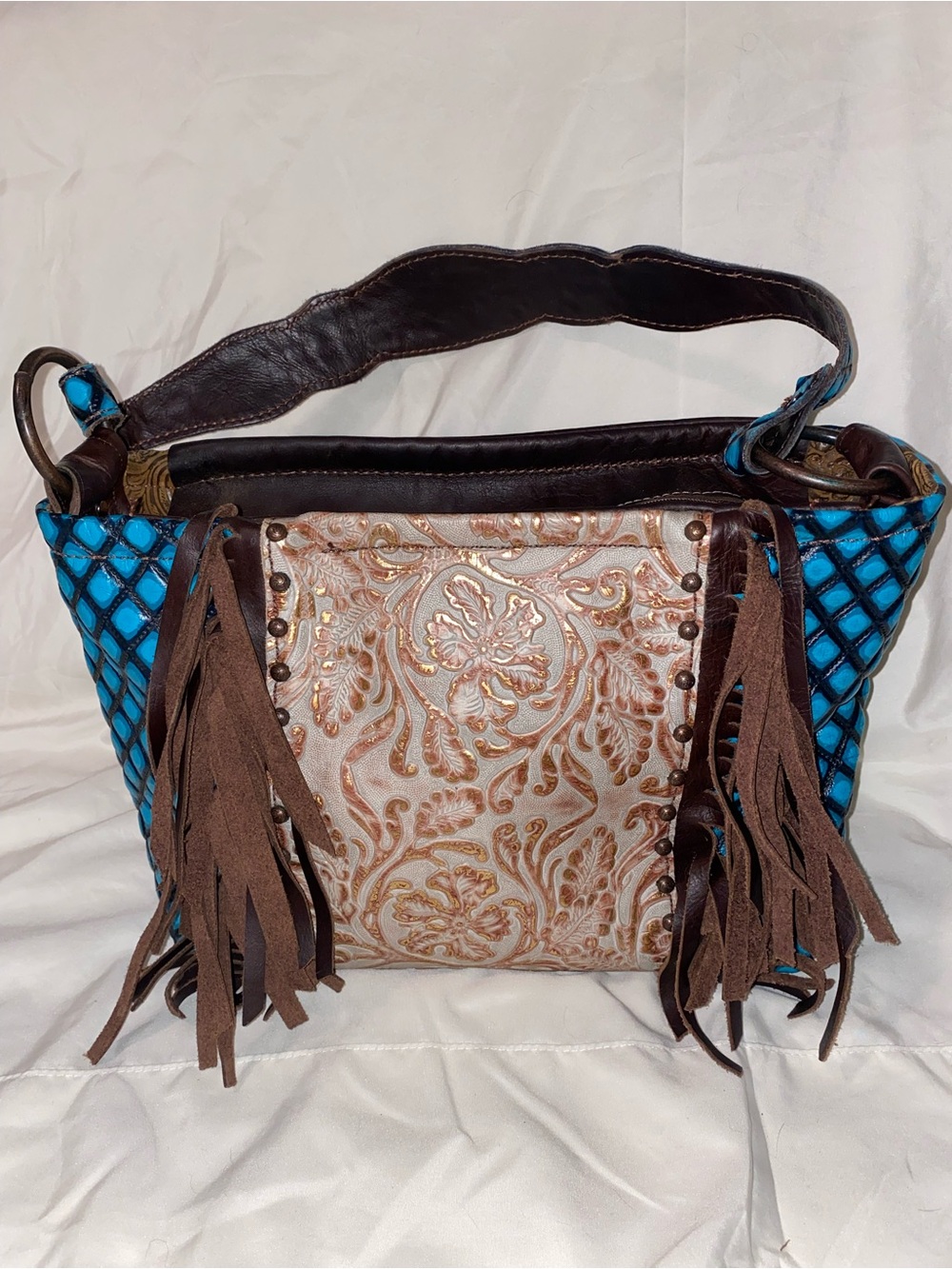 Fringed Turquoise & Brown Leather Embossed Western Shoulder Bag